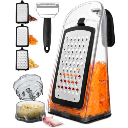 Cheese Grater with Garlic Crusher: Stainless Steel Box Grater, Handle, and Vegetable Peeler